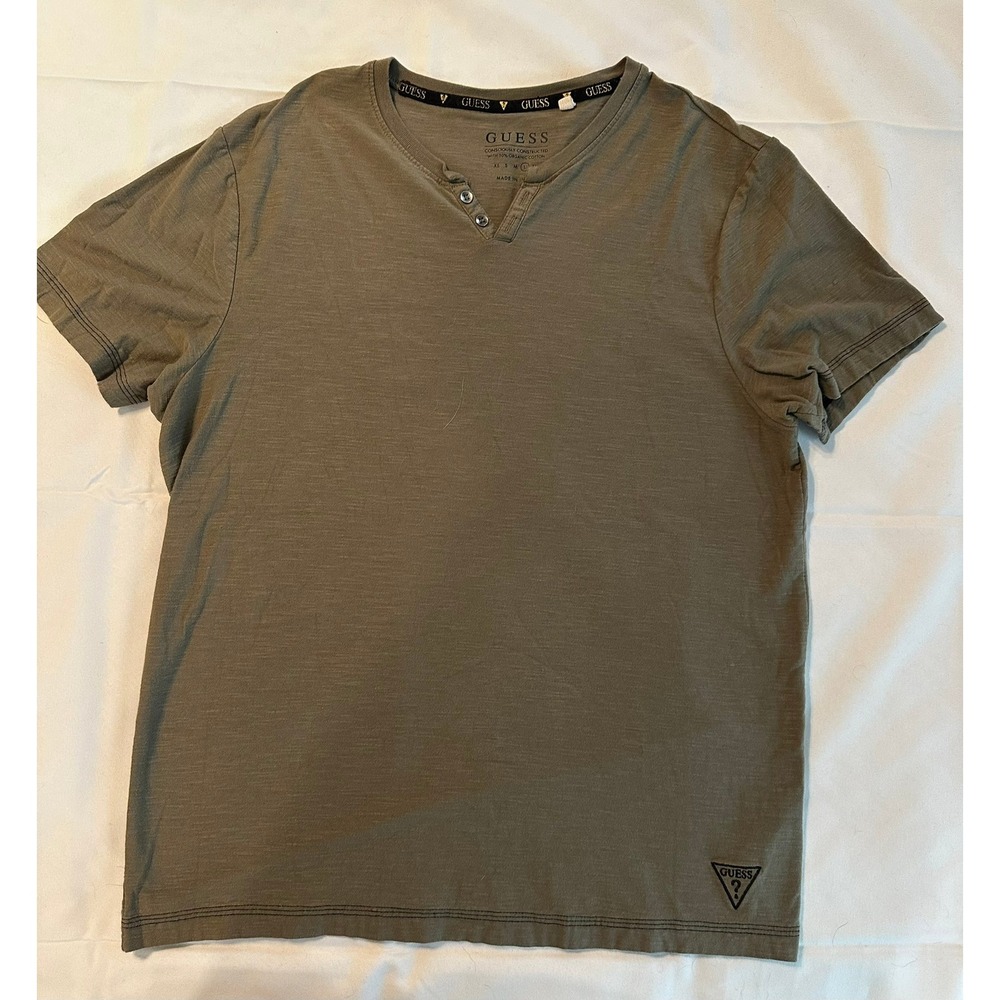 Guess Mens Organic Cotton Henley Shirt Olive Green Short Sleeve Logo Large‎